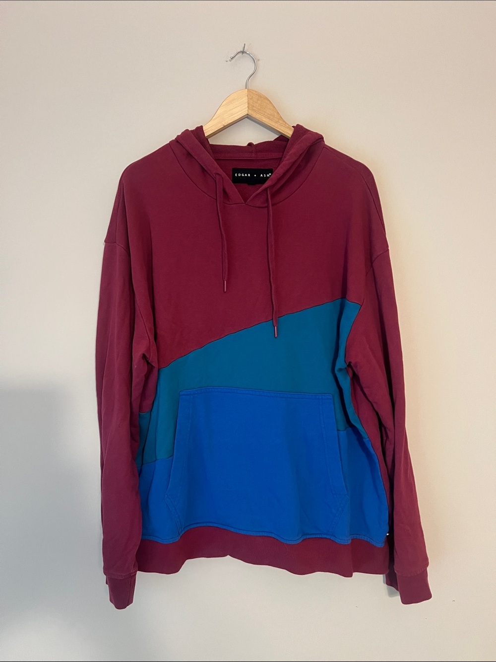Maroon Colorblock Hoodie Jacket with Blue Panel